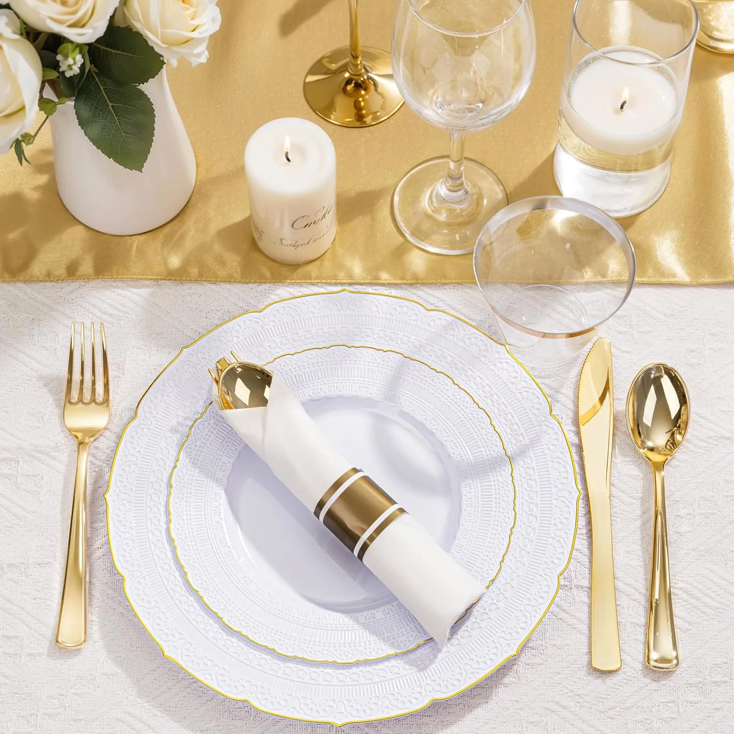 Nervure 175PCS Gold Plastic Plates - White Gold Disposable Lace Plate for 25 Guests - 50 Disposable Plates, 25 Pre Rolled Napkins with Cutlery Set, 25 Cups Perfect for Wedding & Party & Father's Day