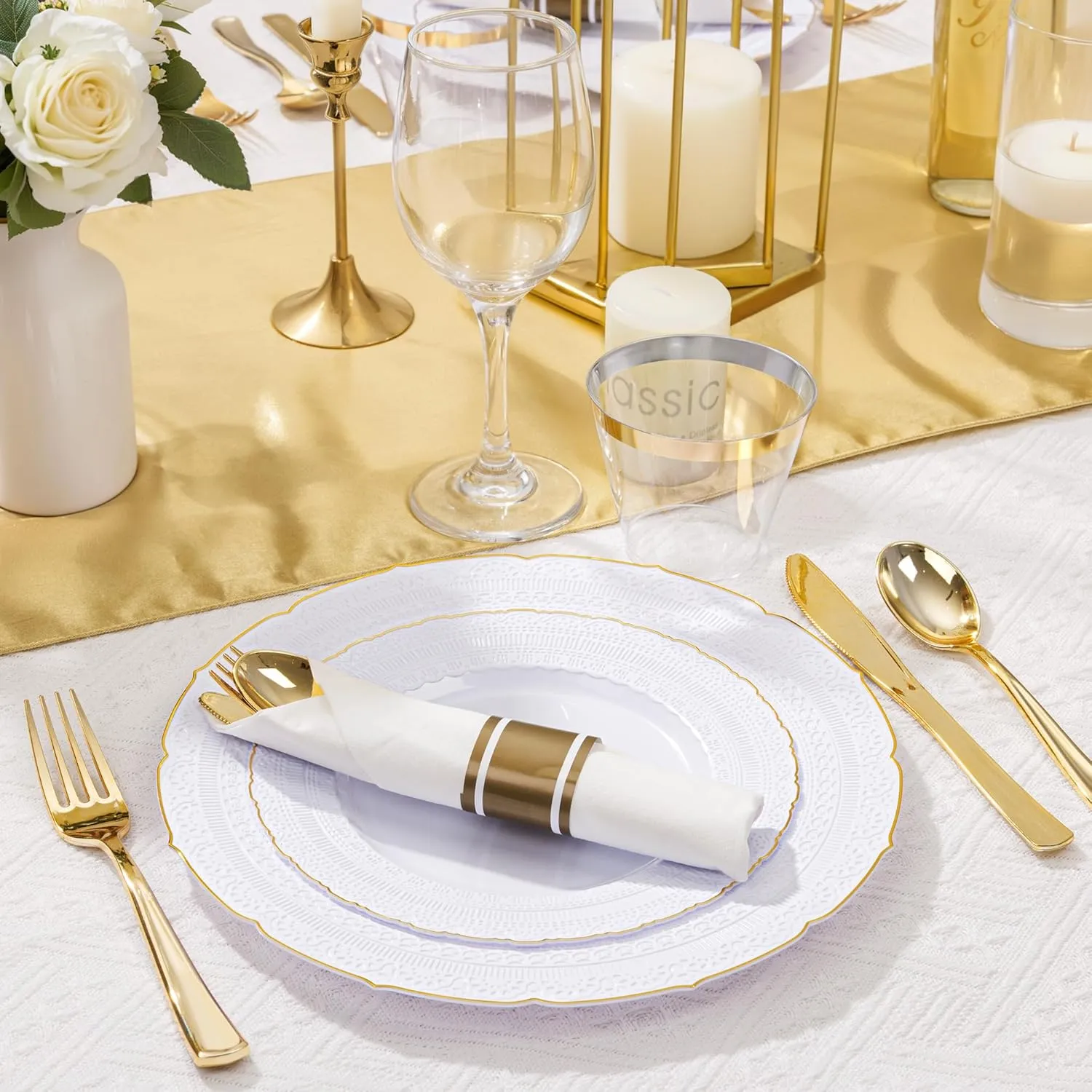 Nervure 175PCS Gold Plastic Plates - White Gold Disposable Lace Plate for 25 Guests - 50 Disposable Plates, 25 Pre Rolled Napkins with Cutlery Set, 25 Cups Perfect for Wedding & Party & Father's Day