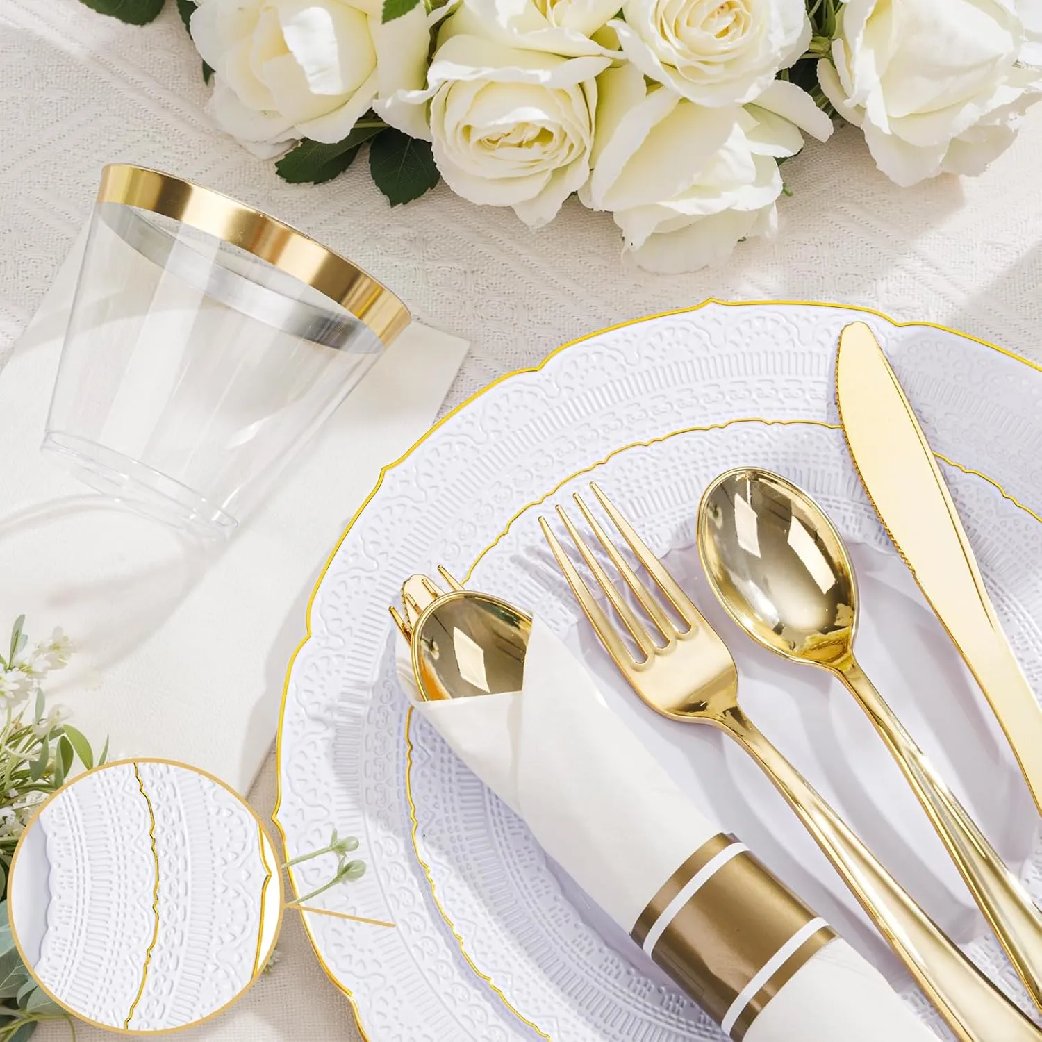 Nervure 175PCS Gold Plastic Plates - White Gold Disposable Lace Plate for 25 Guests - 50 Disposable Plates, 25 Pre Rolled Napkins with Cutlery Set, 25 Cups Perfect for Wedding & Party & Father's Day