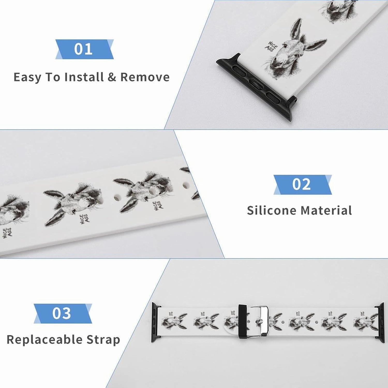 Nice Ass Funny Donkey Adjustable Silicone Watchband Compatible with IWatch Classic Soft Sports Watch Strap for Men Women
