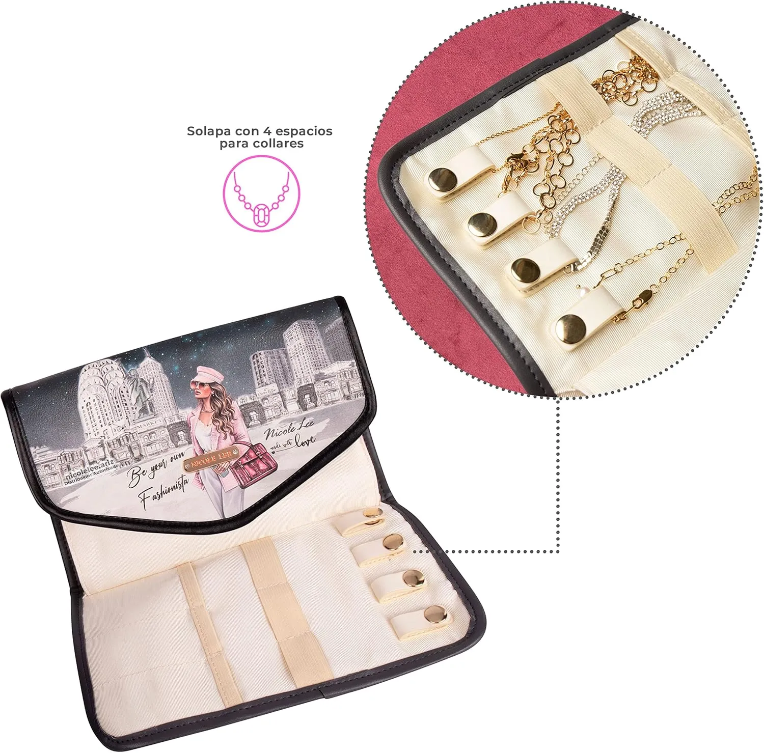 NICOLE LEE Travel Jewelry Organizer with Zipper Pockets, Foldable Roll for Rings, Earrings, Necklaces, Bracelets, Watches (Sara is Soft but Strong)