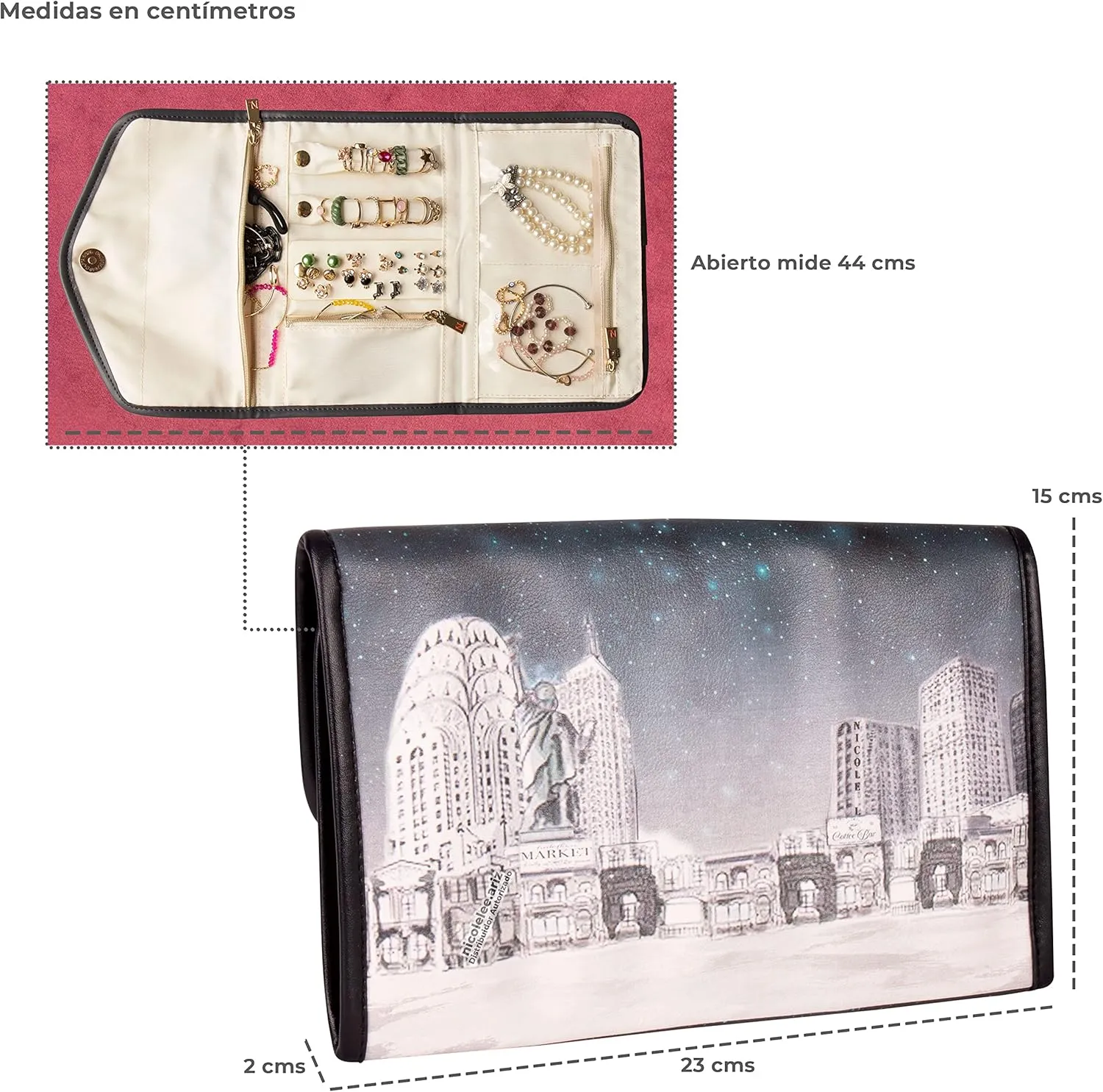 NICOLE LEE Travel Jewelry Organizer with Zipper Pockets, Foldable Roll for Rings, Earrings, Necklaces, Bracelets, Watches (Sara is Soft but Strong)