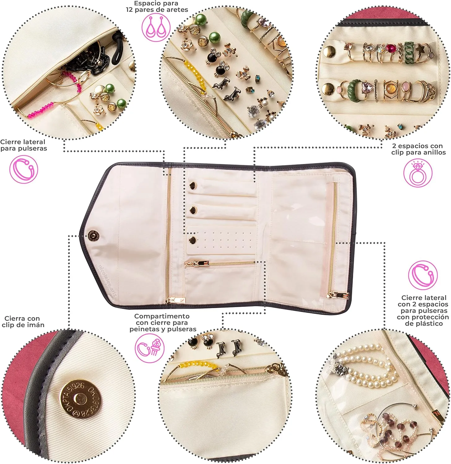 NICOLE LEE Travel Jewelry Organizer with Zipper Pockets, Foldable Roll for Rings, Earrings, Necklaces, Bracelets, Watches (Sara is Soft but Strong)