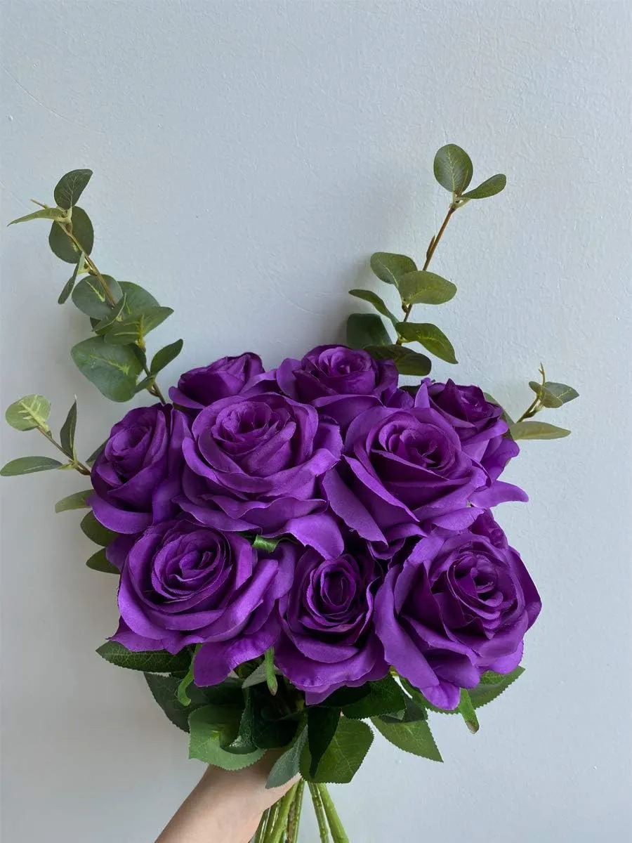Nubry Artificial Silk Rose Flower Bouquet Lifelike Fake Rose for Wedding Home Party Decoration Event Gift 10pcs (Purple)