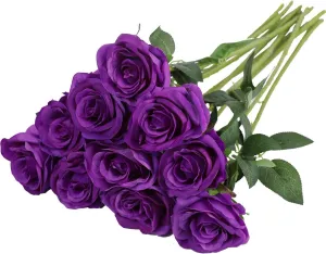 Nubry Artificial Silk Rose Flower Bouquet Lifelike Fake Rose for Wedding Home Party Decoration Event Gift 10pcs (Purple)