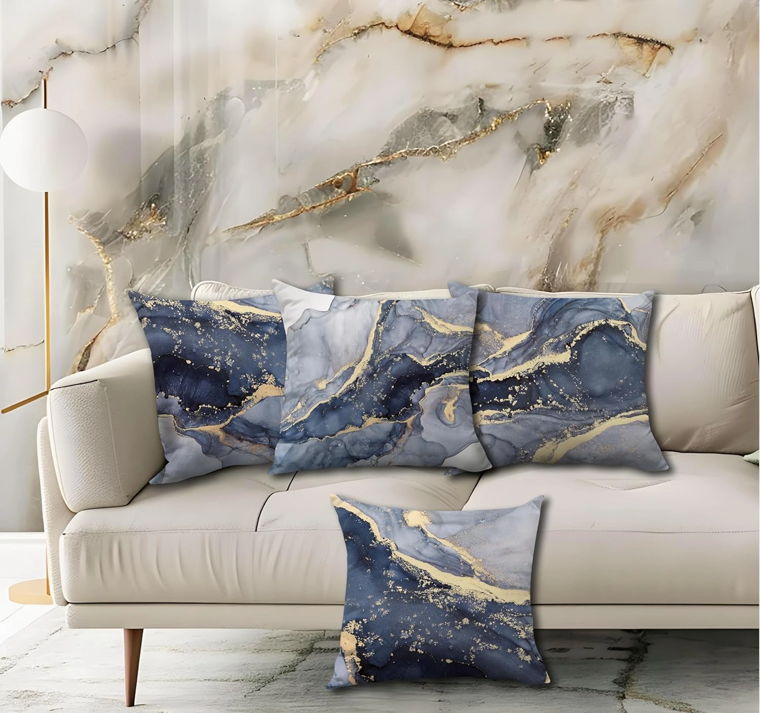 OGILRE Blue and Gold Pillow Cover, Modern Abstract Marble Texture Blue Gold Watercolor Print Art Home Bedroom Decorations Soft Throw Pillow Cover, Drawing Boho Pillow Case Pillowcase, 18x18 Inch 4 Pcs