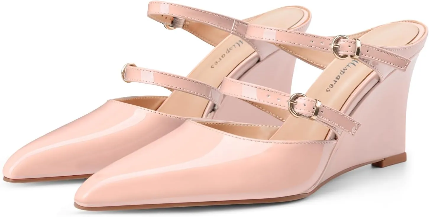 Oh Mispares Pointed Toe Heels Wedge Pumps for Women Slip-on 3 Inch Buckle Strap Patent Leather High Heels for Wedding Bridal Prom Dress Black