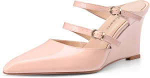 Oh Mispares Pointed Toe Heels Wedge Pumps for Women Slip-on 3 Inch Buckle Strap Patent Leather High Heels for Wedding Bridal Prom Dress Black