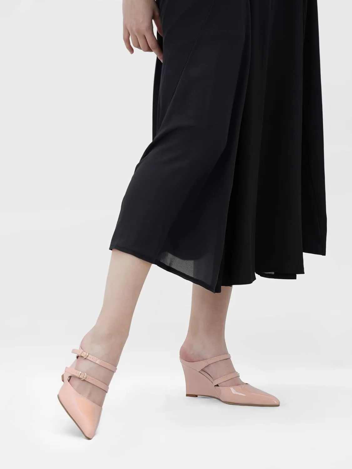 Oh Mispares Pointed Toe Heels Wedge Pumps for Women Slip-on 3 Inch Buckle Strap Patent Leather High Heels for Wedding Bridal Prom Dress Black