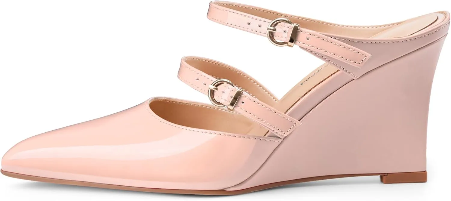 Oh Mispares Pointed Toe Heels Wedge Pumps for Women Slip-on 3 Inch Buckle Strap Patent Leather High Heels for Wedding Bridal Prom Dress Black
