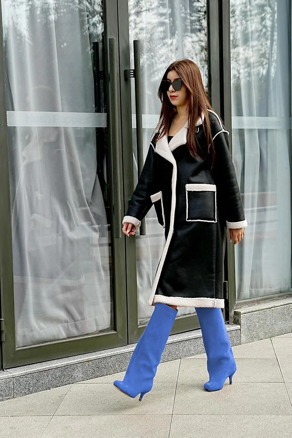 Oh Mispares Women's Nude Suede Knee High Boots - Square Toe Wide Calf Stiletto Low Heels - Fashionable Kitten Heel Pull-On Tall Winter Boots for Ladies