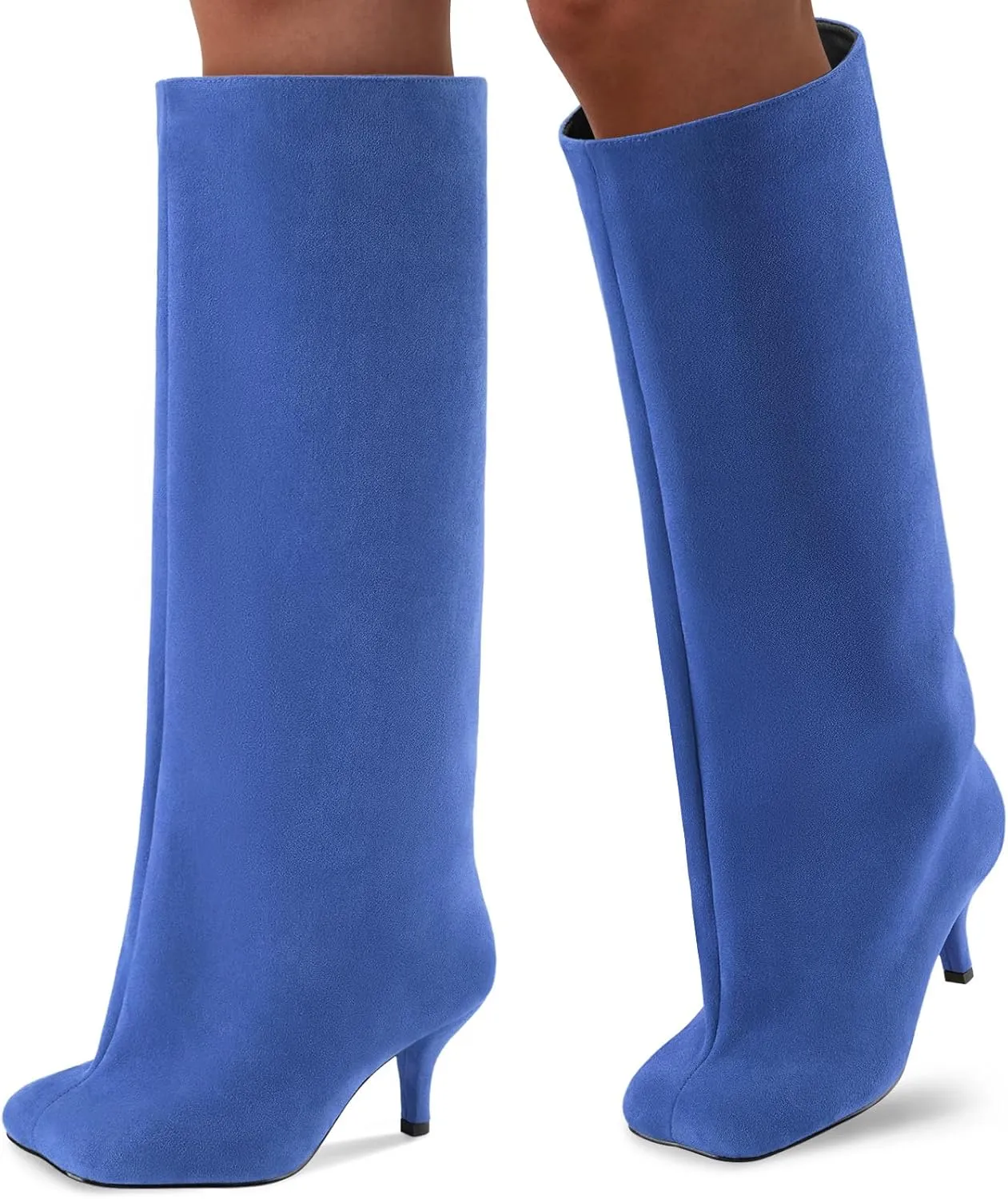 Oh Mispares Women's Nude Suede Knee High Boots - Square Toe Wide Calf Stiletto Low Heels - Fashionable Kitten Heel Pull-On Tall Winter Boots for Ladies