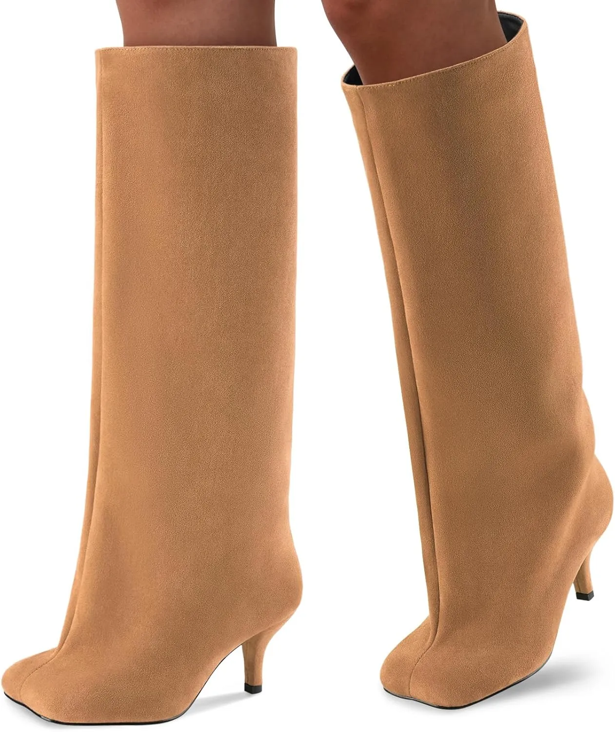 Oh Mispares Women's Nude Suede Knee High Boots - Square Toe Wide Calf Stiletto Low Heels - Fashionable Kitten Heel Pull-On Tall Winter Boots for Ladies