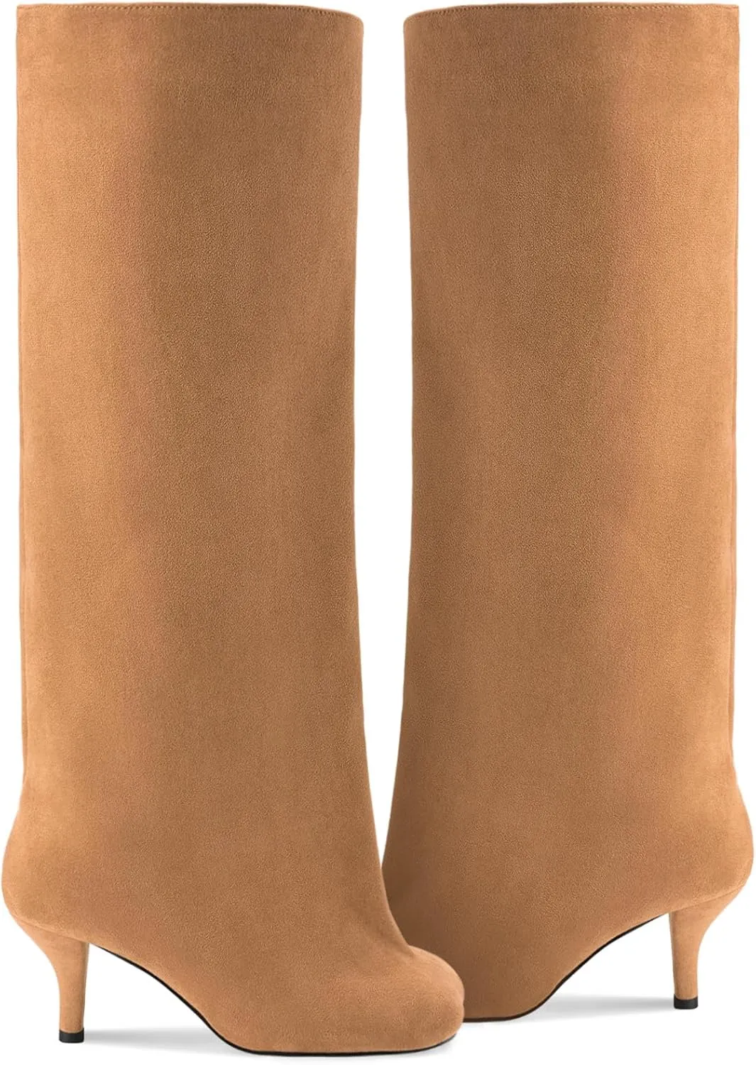 Oh Mispares Women's Nude Suede Knee High Boots - Square Toe Wide Calf Stiletto Low Heels - Fashionable Kitten Heel Pull-On Tall Winter Boots for Ladies