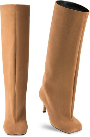 Oh Mispares Women's Nude Suede Knee High Boots - Square Toe Wide Calf Stiletto Low Heels - Fashionable Kitten Heel Pull-On Tall Winter Boots for Ladies