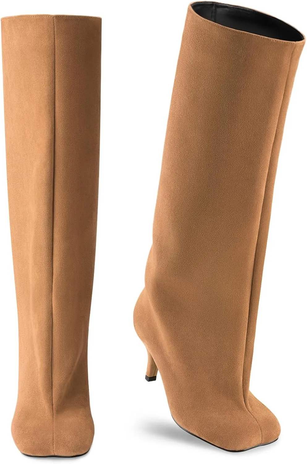 Oh Mispares Women's Nude Suede Knee High Boots - Square Toe Wide Calf Stiletto Low Heels - Fashionable Kitten Heel Pull-On Tall Winter Boots for Ladies