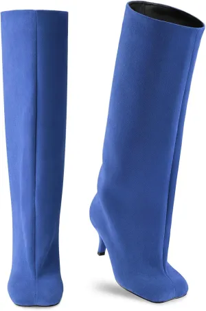 Oh Mispares Women's Nude Suede Knee High Boots - Square Toe Wide Calf Stiletto Low Heels - Fashionable Kitten Heel Pull-On Tall Winter Boots for Ladies