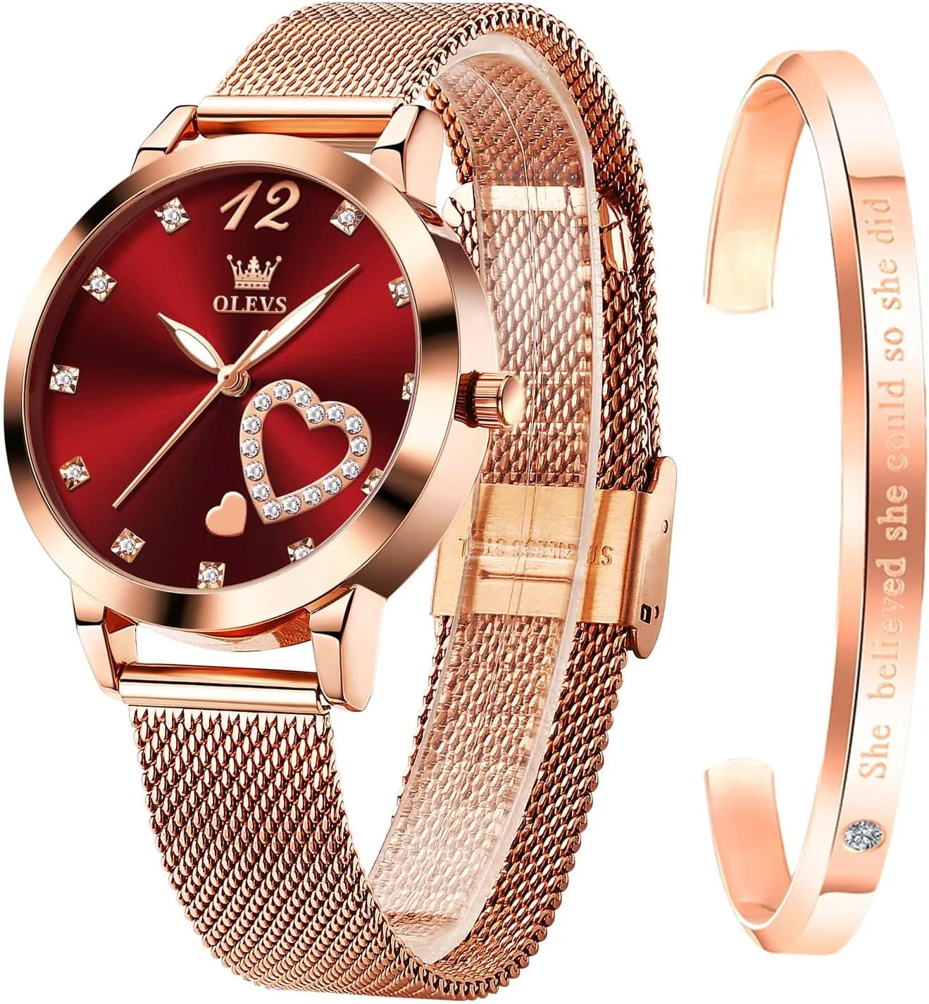 OLEVS Rose Gold Watch for Women Mesh Strap Fashion Dress Hearts Japanese Quartz Waterproof Luminous Ladies Watches Bracelet Sets