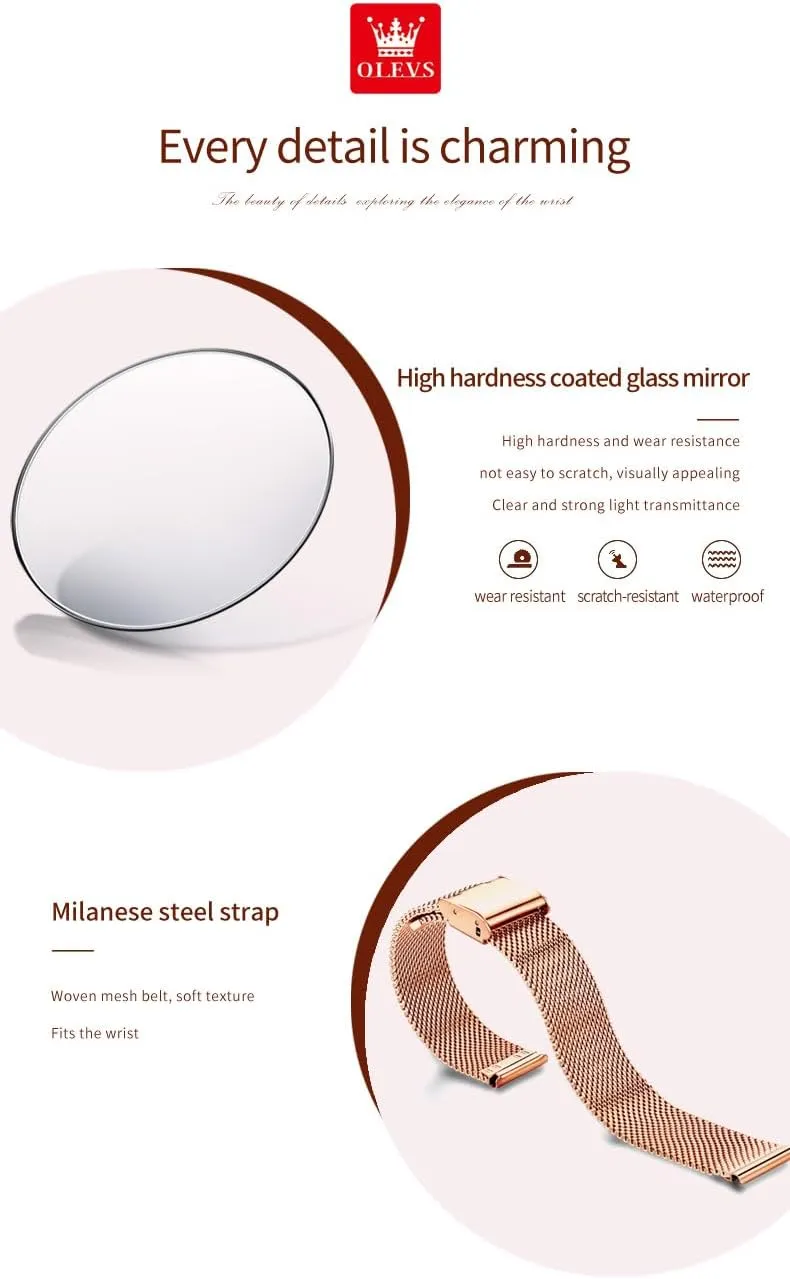 OLEVS Rose Gold Watch for Women Mesh Strap Fashion Dress Hearts Japanese Quartz Waterproof Luminous Ladies Watches Bracelet Sets