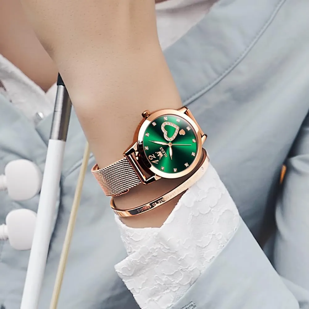 OLEVS Rose Gold Watch for Women Mesh Strap Fashion Dress Hearts Japanese Quartz Waterproof Luminous Ladies Watches Bracelet Sets