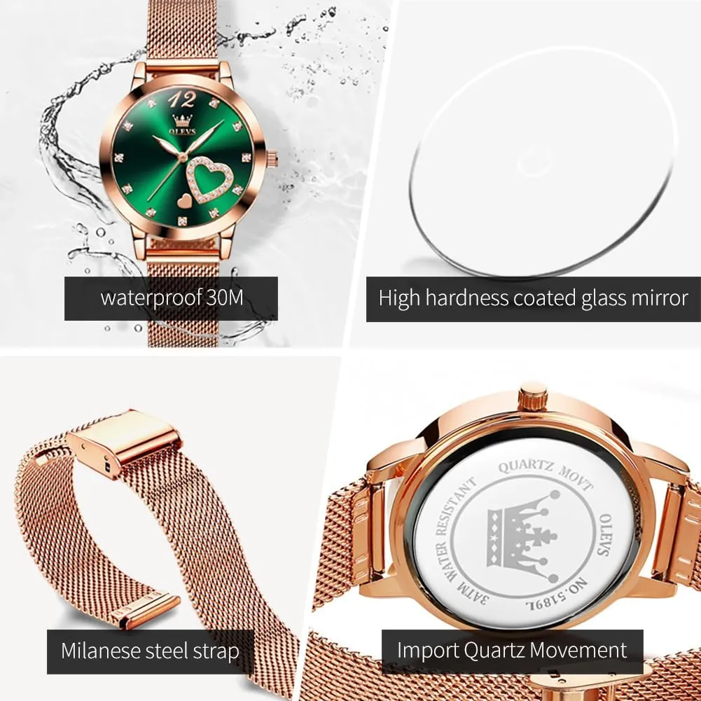 OLEVS Rose Gold Watch for Women Mesh Strap Fashion Dress Hearts Japanese Quartz Waterproof Luminous Ladies Watches Bracelet Sets