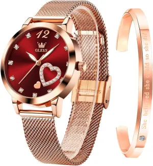 OLEVS Rose Gold Watch for Women Mesh Strap Fashion Dress Hearts Japanese Quartz Waterproof Luminous Ladies Watches Bracelet Sets