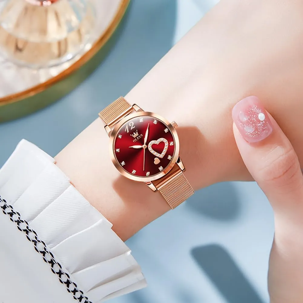 OLEVS Rose Gold Watch for Women Mesh Strap Fashion Dress Hearts Japanese Quartz Waterproof Luminous Ladies Watches Bracelet Sets