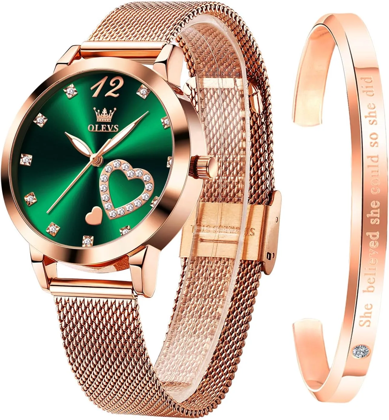 OLEVS Rose Gold Watch for Women Mesh Strap Fashion Dress Hearts Japanese Quartz Waterproof Luminous Ladies Watches Bracelet Sets
