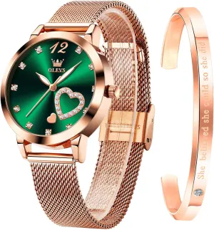 OLEVS Rose Gold Watch for Women Mesh Strap Fashion Dress Hearts Japanese Quartz Waterproof Luminous Ladies Watches Bracelet Sets