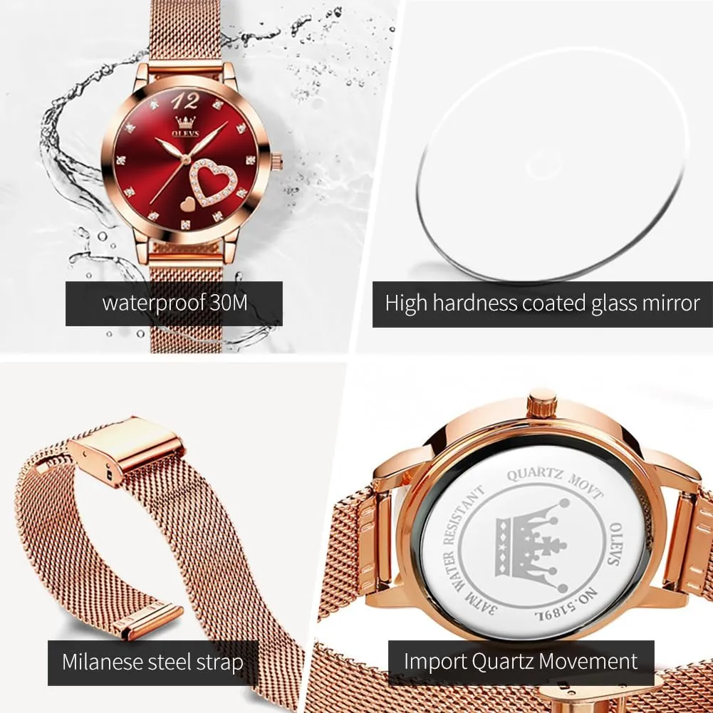 OLEVS Rose Gold Watch for Women Mesh Strap Fashion Dress Hearts Japanese Quartz Waterproof Luminous Ladies Watches Bracelet Sets