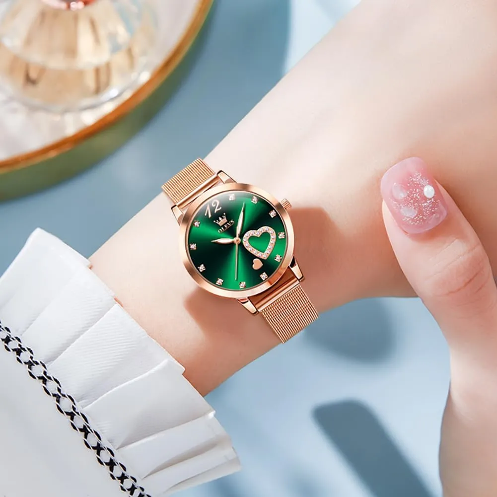 OLEVS Rose Gold Watch for Women Mesh Strap Fashion Dress Hearts Japanese Quartz Waterproof Luminous Ladies Watches Bracelet Sets