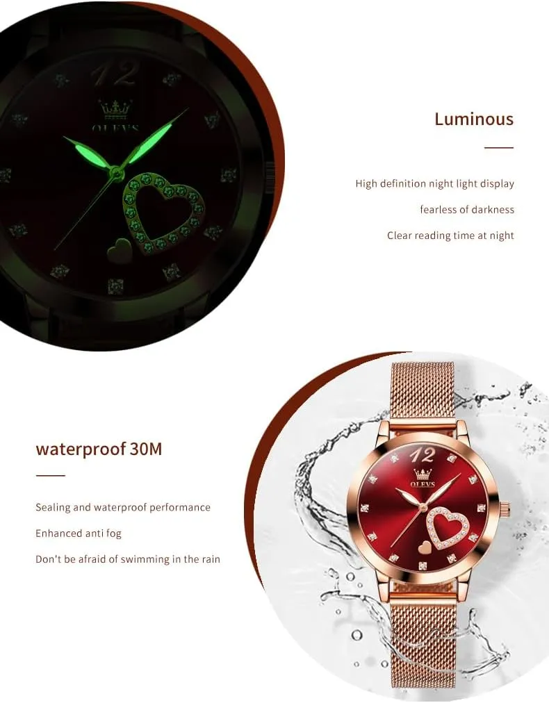 OLEVS Rose Gold Watch for Women Mesh Strap Fashion Dress Hearts Japanese Quartz Waterproof Luminous Ladies Watches Bracelet Sets