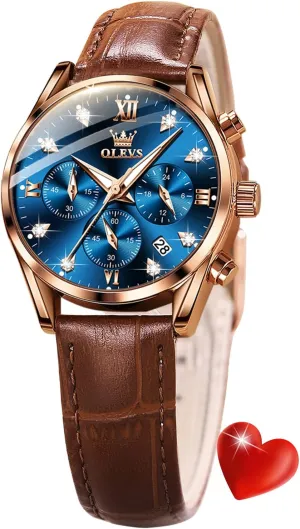 OLEVS Women Watch Brown Leather Straps Ladies Rose Gold Elegant Luxury Dress Chronograph Waterproof Wrist Watch Date Day