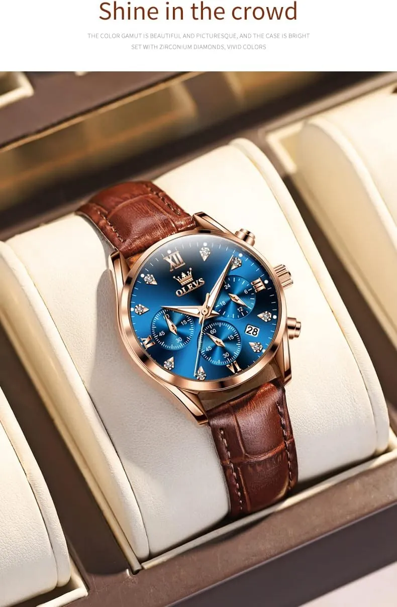 OLEVS Women Watch Brown Leather Straps Ladies Rose Gold Elegant Luxury Dress Chronograph Waterproof Wrist Watch Date Day