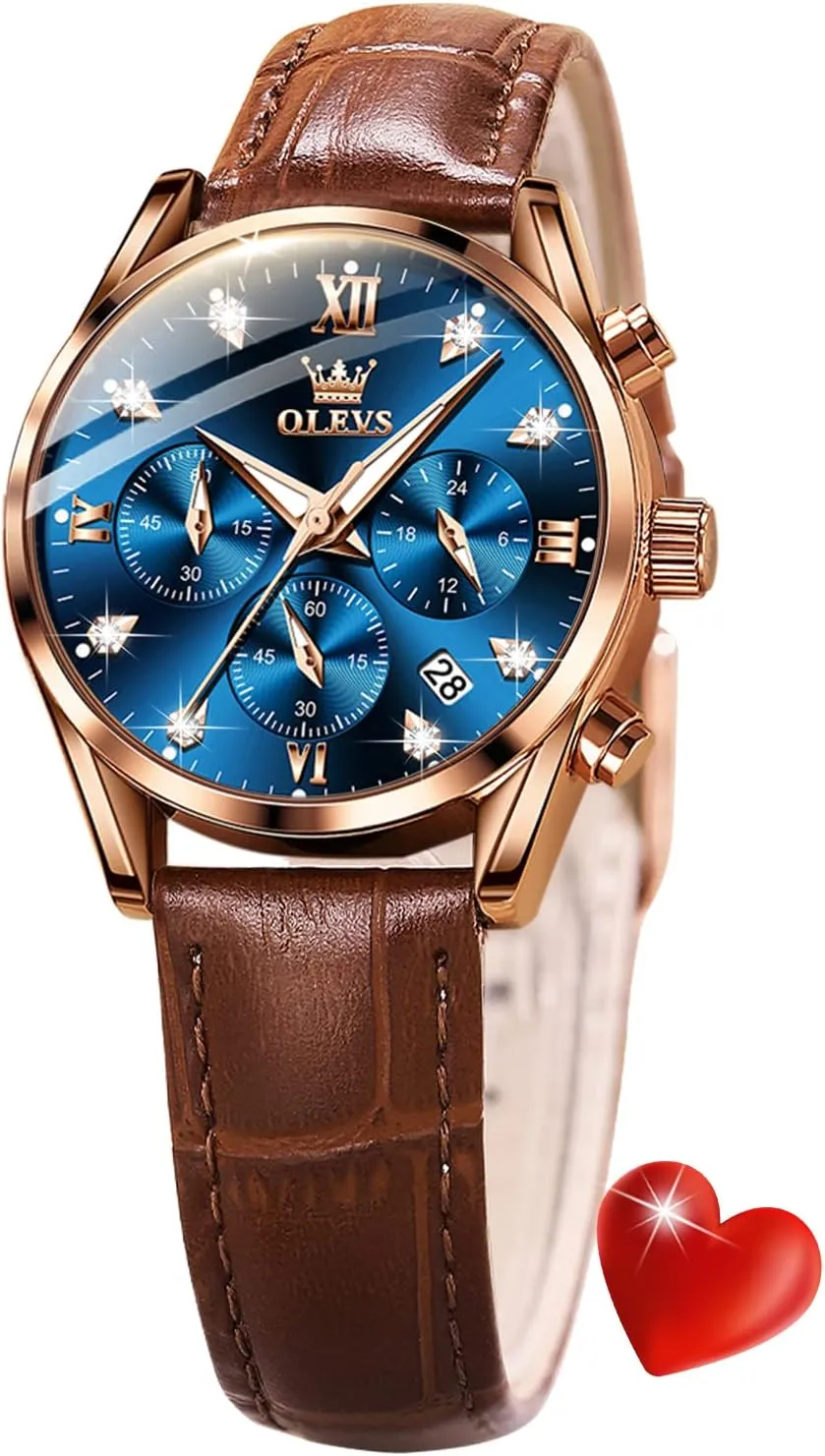 OLEVS Women Watch Brown Leather Straps Ladies Rose Gold Elegant Luxury Dress Chronograph Waterproof Wrist Watch Date Day