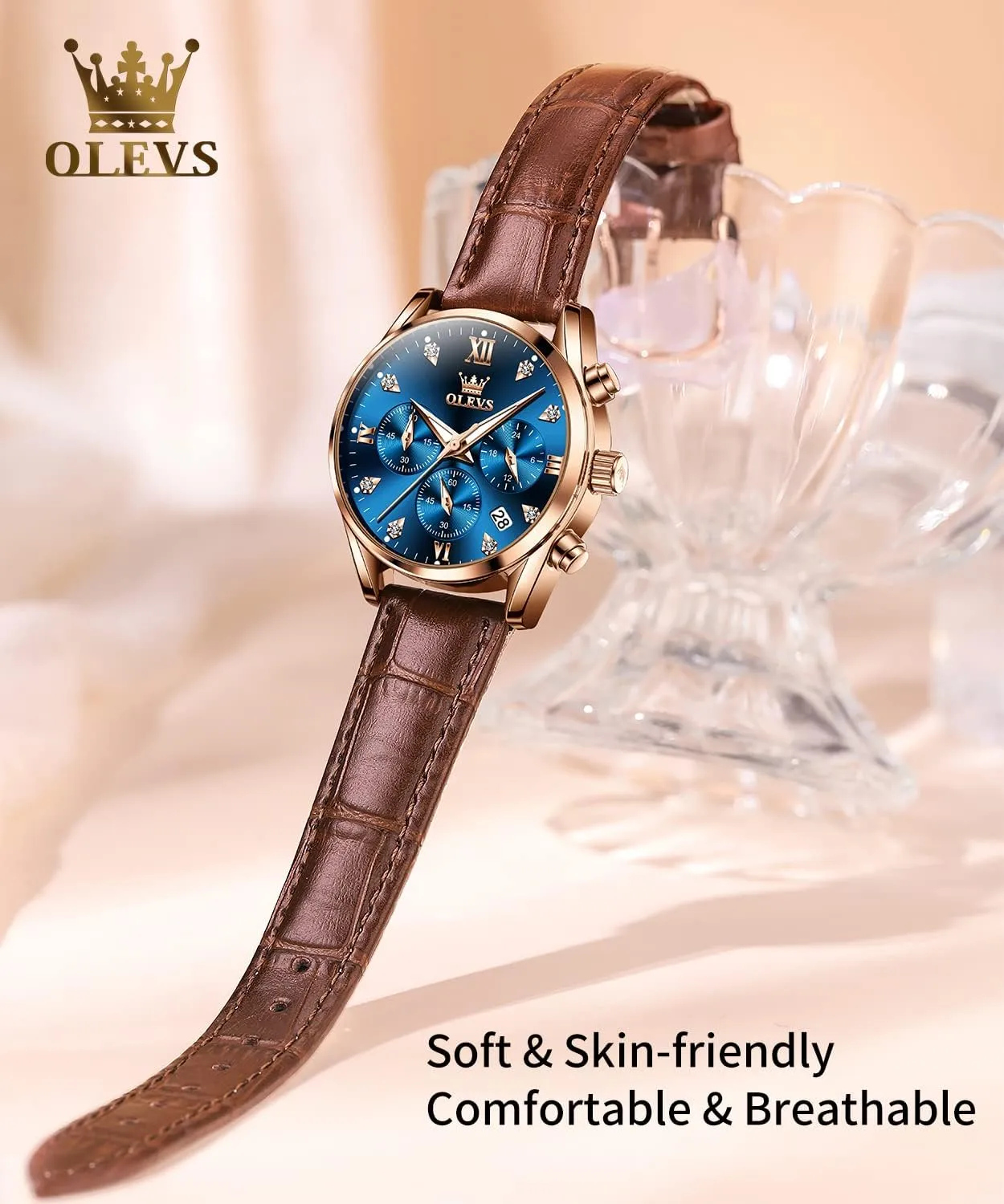OLEVS Women Watch Brown Leather Straps Ladies Rose Gold Elegant Luxury Dress Chronograph Waterproof Wrist Watch Date Day