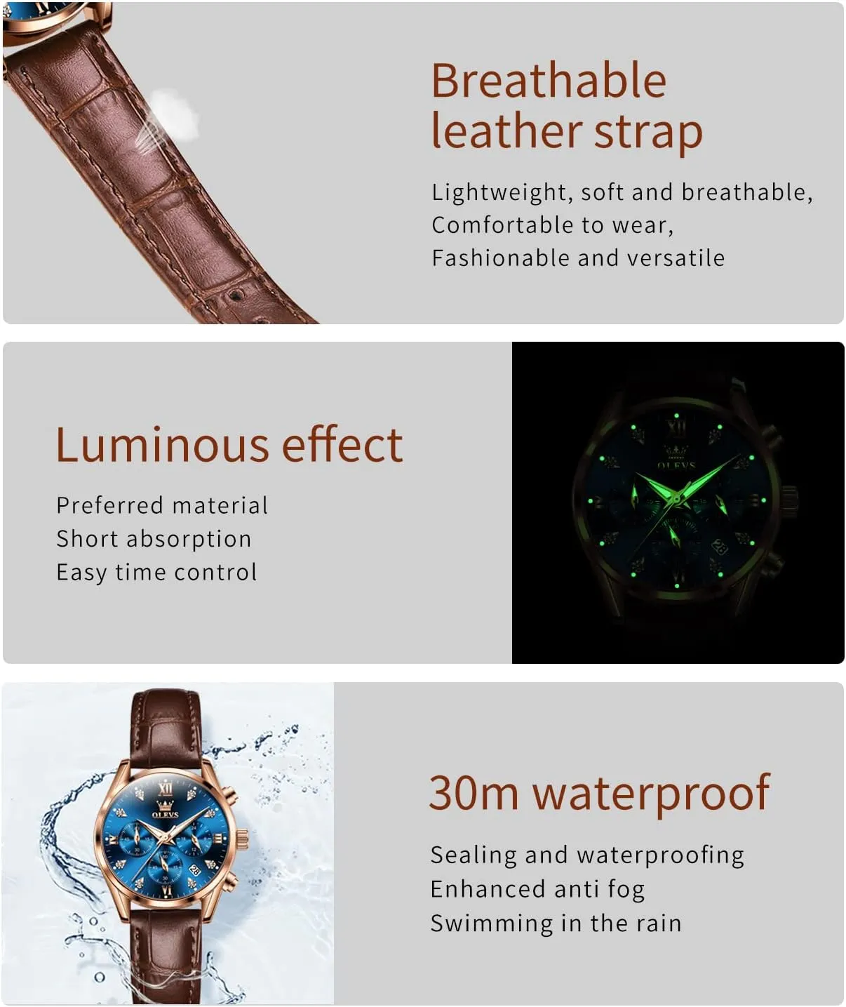 OLEVS Women Watch Brown Leather Straps Ladies Rose Gold Elegant Luxury Dress Chronograph Waterproof Wrist Watch Date Day