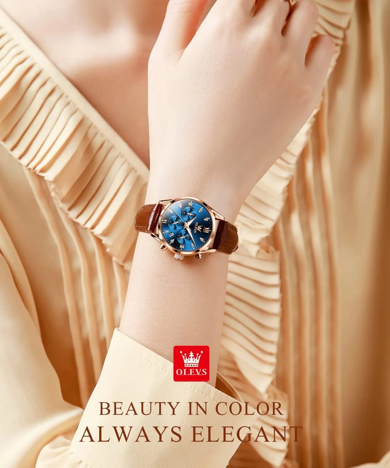 OLEVS Women Watch Brown Leather Straps Ladies Rose Gold Elegant Luxury Dress Chronograph Waterproof Wrist Watch Date Day