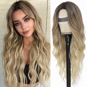 Ombre Blonde Wig for Women, Long Ombre Blonde Wavy Wig Middle Part 26 Inch Blonde Wigs Natural Looking Heat Resistant Synthetic Wigs for Daily Party Use