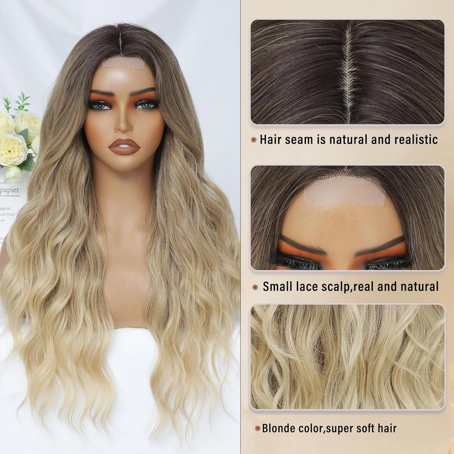 Ombre Blonde Wig for Women, Long Ombre Blonde Wavy Wig Middle Part 26 Inch Blonde Wigs Natural Looking Heat Resistant Synthetic Wigs for Daily Party Use