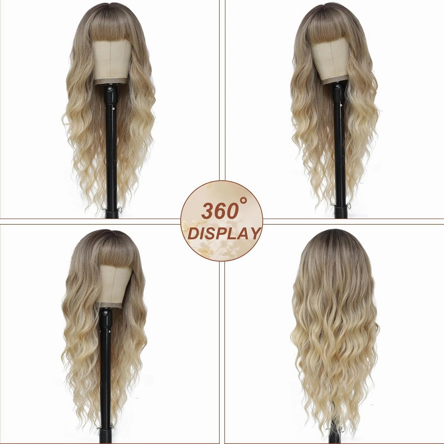 Ombre Blonde Wig with Bangs for Women Long Ombre Blonde Wavy Wigs 26 Inch Blonde Wigs Natural Looking Heat Resistant Synthetic Wig for Daily Party Use