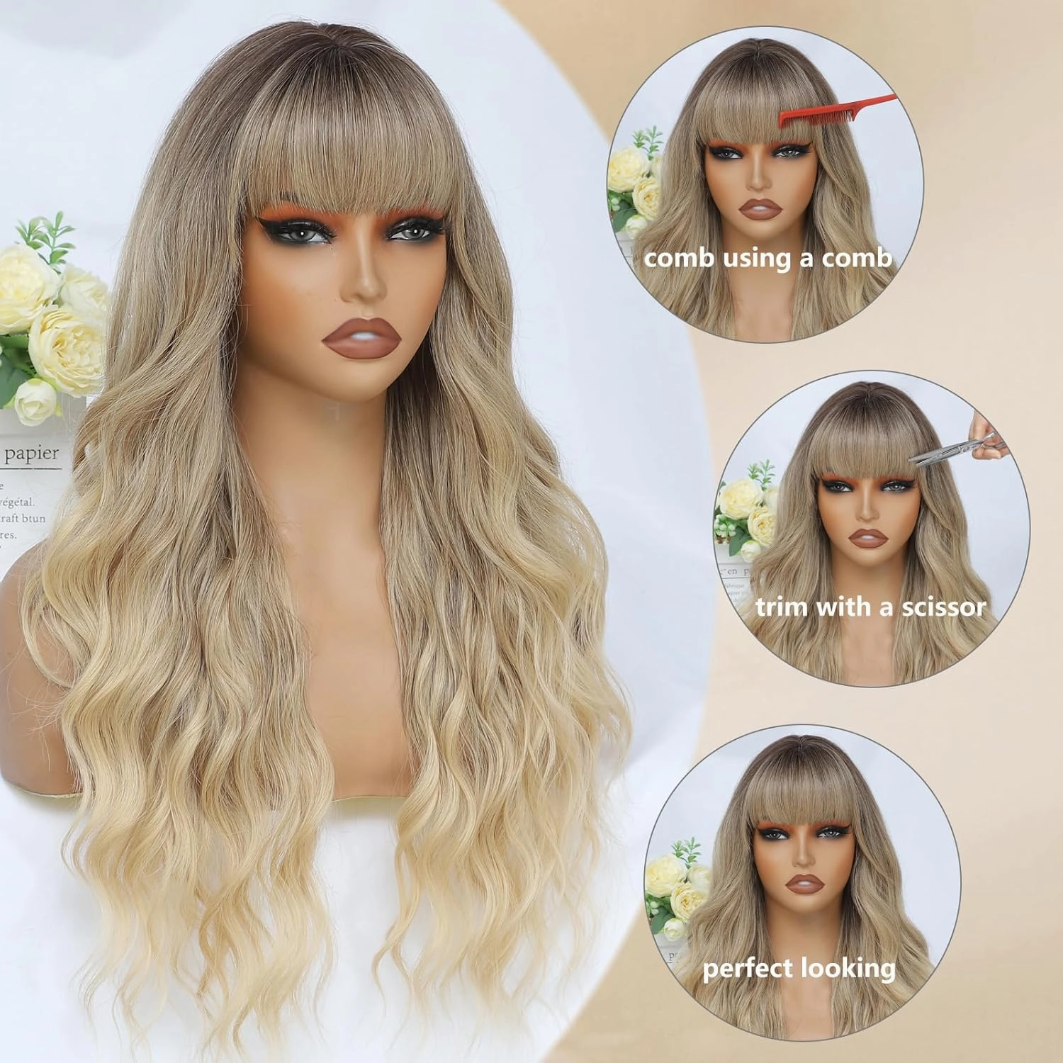 Ombre Blonde Wig with Bangs for Women Long Ombre Blonde Wavy Wigs 26 Inch Blonde Wigs Natural Looking Heat Resistant Synthetic Wig for Daily Party Use