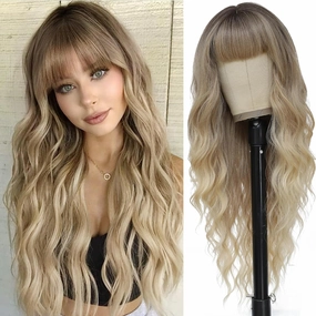 Ombre Blonde Wig with Bangs for Women Long Ombre Blonde Wavy Wigs 26 Inch Blonde Wigs Natural Looking Heat Resistant Synthetic Wig for Daily Party Use