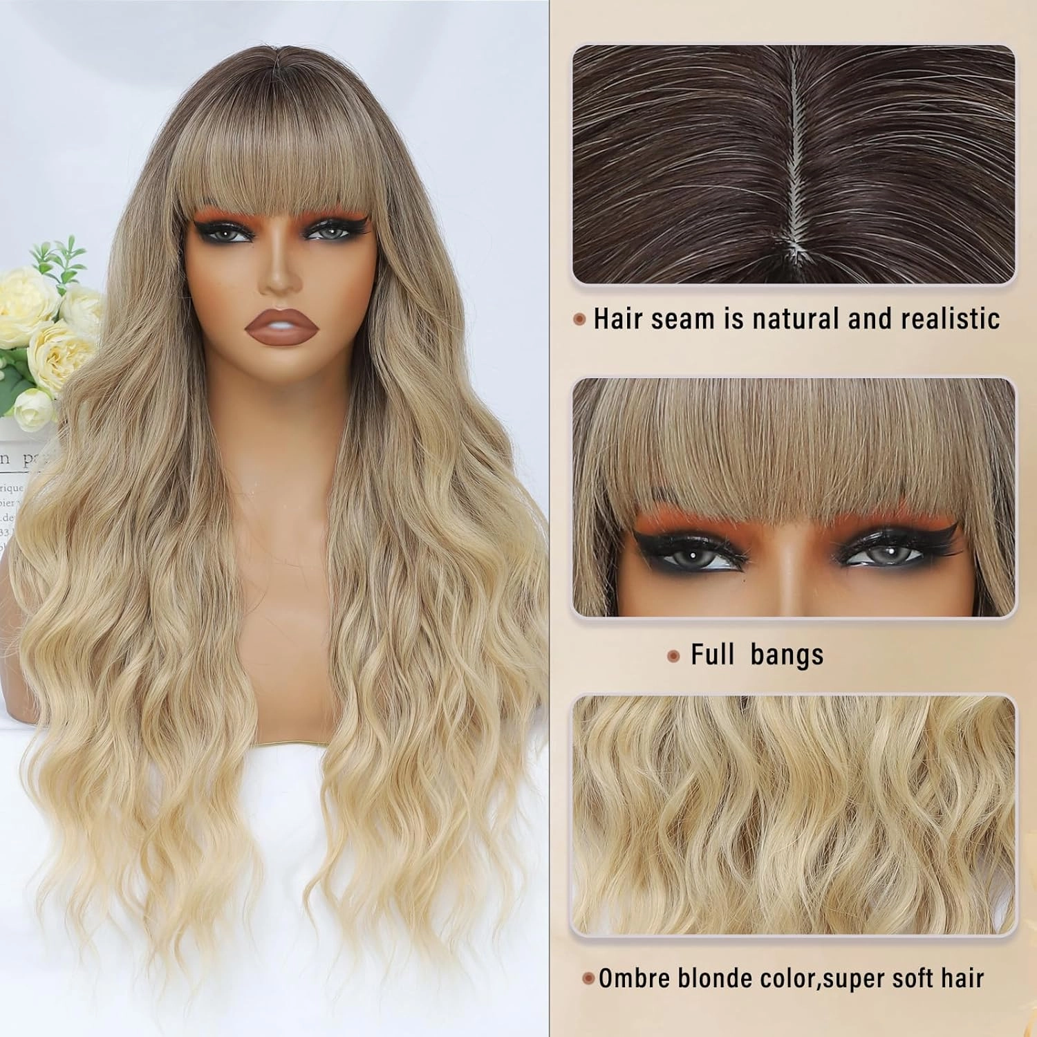 Ombre Blonde Wig with Bangs for Women Long Ombre Blonde Wavy Wigs 26 Inch Blonde Wigs Natural Looking Heat Resistant Synthetic Wig for Daily Party Use