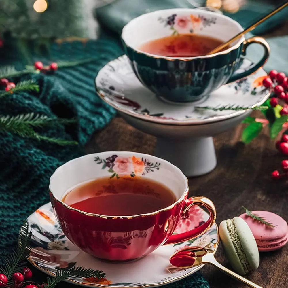 ONEUSTAR Tea Cups and Saucers Set of 2 Bone China Floral English Teacup with Spoon Coffee Cups Cappuccino Espresso Latte Mug for Christmas Gift, 8 Oz