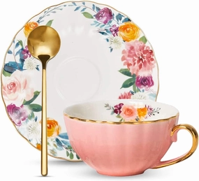 ONEUSTAR Tea Cup and Saucer Set for 1 Bone China English Tea Cup with Spoon Floral Teacup 8 oz British Coffee Latte Mug for Mother's Day Gifts, Pink