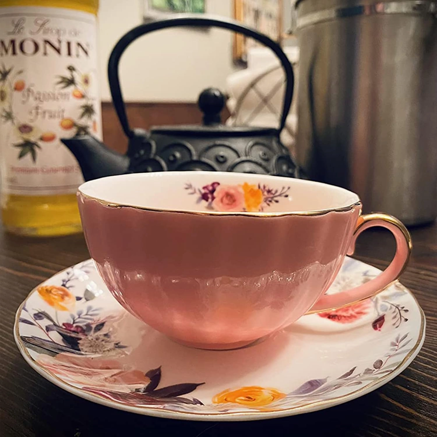ONEUSTAR Tea Cup and Saucer Set for 1 Bone China English Tea Cup with Spoon Floral Teacup 8 oz British Coffee Latte Mug for Mother's Day Gifts, Pink