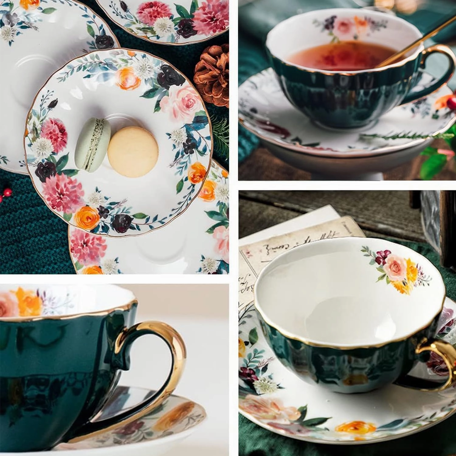 ONEUSTAR Tea Cup and Saucer Set for 1 Bone China Floral Teacup with Spoon 8 oz Coffee Cup Cappuccino Latte Mug for Birthday Christmas Gift, Green