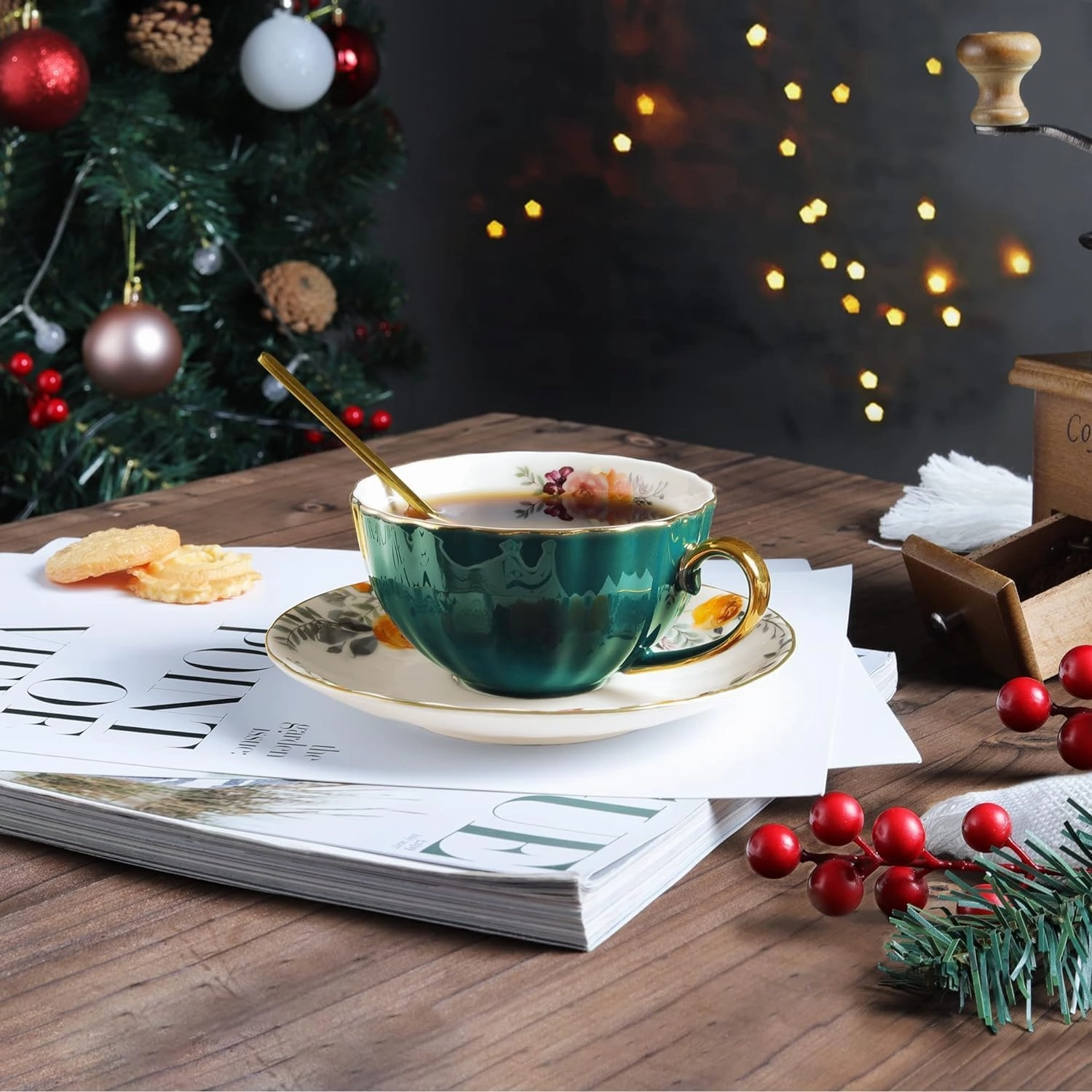 ONEUSTAR Tea Cup and Saucer Set for 1 Bone China Floral Teacup with Spoon 8 oz Coffee Cup Cappuccino Latte Mug for Birthday Christmas Gift, Green