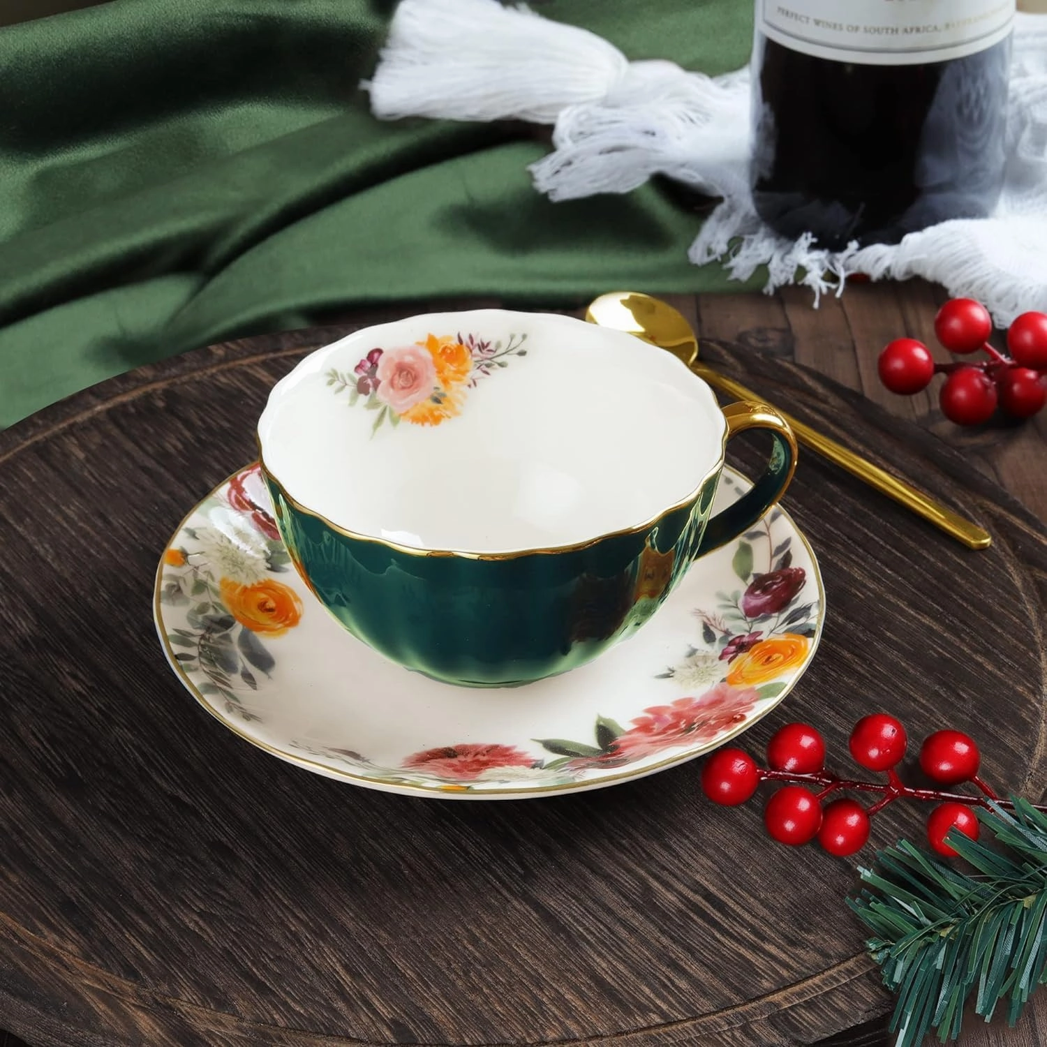 ONEUSTAR Tea Cup and Saucer Set for 1 Bone China Floral Teacup with Spoon 8 oz Coffee Cup Cappuccino Latte Mug for Birthday Christmas Gift, Green